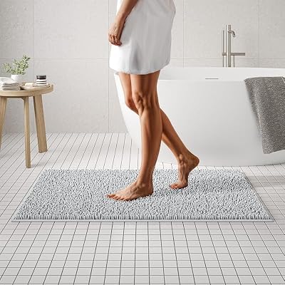 MAYSHINE Plush Shaggy Chenille Bath Mat | Extra Soft, Super Absorbent, Non-Slip Bathroom Rug | Fluffy Microfiber, Area Rug Sets for Bathroom Floor, Kitchen, Living Room | 47x27 | White