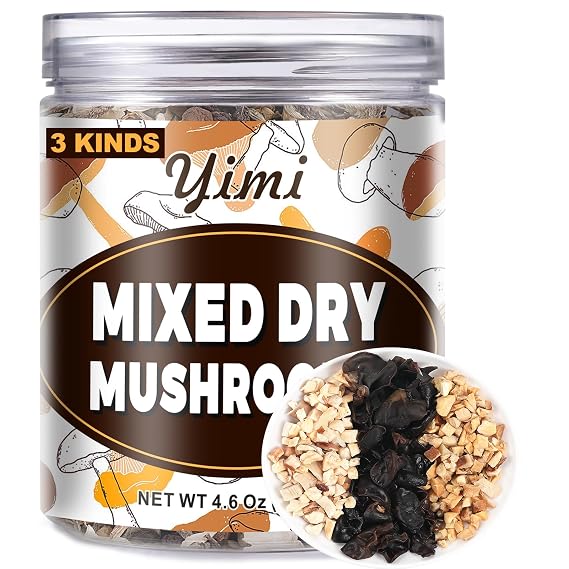 Yimi Dehydrated Mushroom Dices for Ramen Cooking, Freeze Dried Vegan | 3 Varieties Diced Mushroom Blend Of Shiitake, Champignon, Woodear, Soft Bold Flavor, Great For Instant Cooking, Gift 4.6 Oz