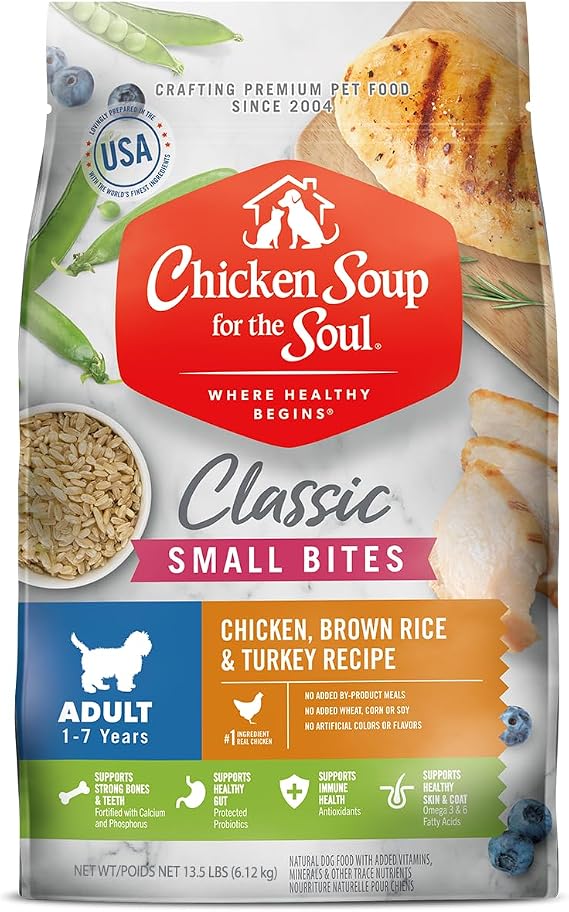 Chicken Soup for the Soul Natural Premium Small Bites Adult Dry Dog Food, Real Meat First Ingredient, No By-Products, Supports Gut & Immune Health, Chicken, Brown Rice & Turkey, 13.5lb