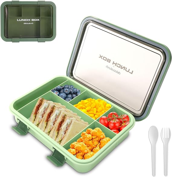 Lunch Box Bento Boxes, 6 Compartments 1500ml Large Capacity Reusable Leakproof BPA Free, Salad Snack Sandwich Food Storage Container with Cutlery for Kids Adult Work School Travel (Green)