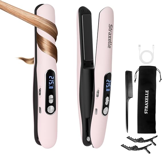 Mini Cordless Hair Straighteners, 2 in 1 Portable Flat Iron and Curler Adjustable Temp 175℃-215℃ Mini Straightener with LED Display,5000mAh Travel Straightener for Women Men (Pink)