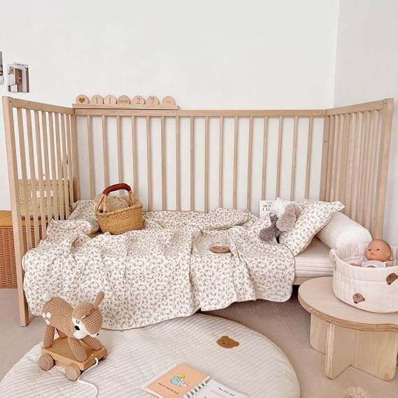 BuLuTu Muslin Cotton Baby Blanket (47"x 51") + 1 Toddler Pillowcase (14"x 20"), Camellia Print Toddler Bedding Set
