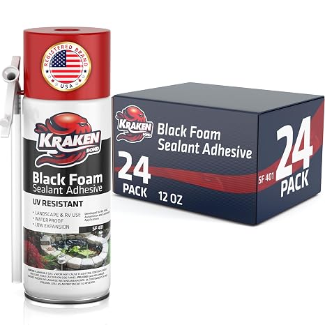 Kraken Bond Black Spray Waterfall Foam Sealant - (24x12oz) Expanding Polyurethane Pond Foam Sealer Black, UV Resistant Insulating Spray for Landscape & Exterior, Straw Use, 24 Pack