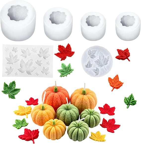 6 Pcs Pumpkin Candle Molds with Maple Leaf Molds, Fall Silicone Mold