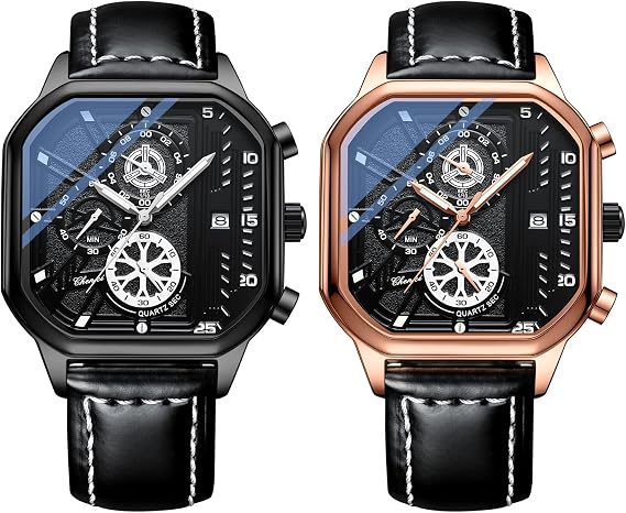 JewelryWe Uhren Herren Analog Quarz Armbanduhr Luxus Mode Rechteckig Datum Kalender 30m Wasserdicht Echtleder Leder Armband Geschäfts Beiläufige Uhr mit Stoppuhr und Leuchtend Zeiger