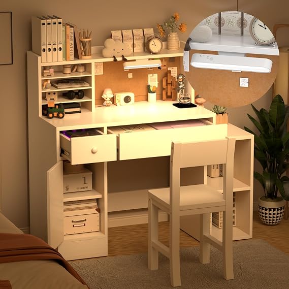Wooden Pure White Kids Study Desk and Chair Set with Light, 2 Drawers and 4 Storage Cabinets, Children Desk with Hutch and Shelves, Girls Study Desk for Kids Bedroom-003