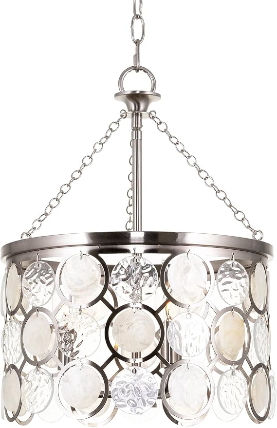Kira Home Estelle 18" Modern Glass Pendant Light, Coastal Wavy Glass & Capiz Shell Chandelier in Brushed Nickel, 3-Light, Brushed Nickel Finish