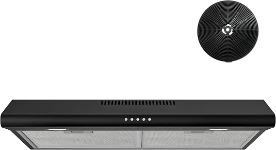 FIREGAS 30 Inch Black Under Cabinet Range Hood, Kitchen Vent Hood | Slim Stainless Steel Hood with 3-Speed Fan, 2 LED lights,Top/Rear Vents, Ducted/Ductless Convertible, Charcoal Filters