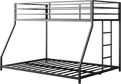 Bellemave Twin Over Full Bunk Beds, Heavy Duty Floor Bunk Beds Twin Over Full Size Bunk Bed with Build in Ladder  Length Guardrails, Easy Assemble Black