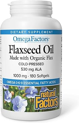 Omega Factors by Natural Factors, Flaxseed Oil, Supports Overall Health with Omega-3, 6 and 9 Fatty Acids, 180 softgels 180 servings