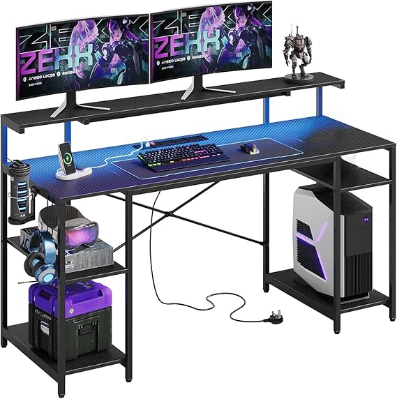 Bestier 140 CM Computer Desk with Power Outlets & LED Lights with Monitor Shelf Gaming Desk with Shelves Writing Desk with Storage Office Desk &Workstation for Home Office Bedroom