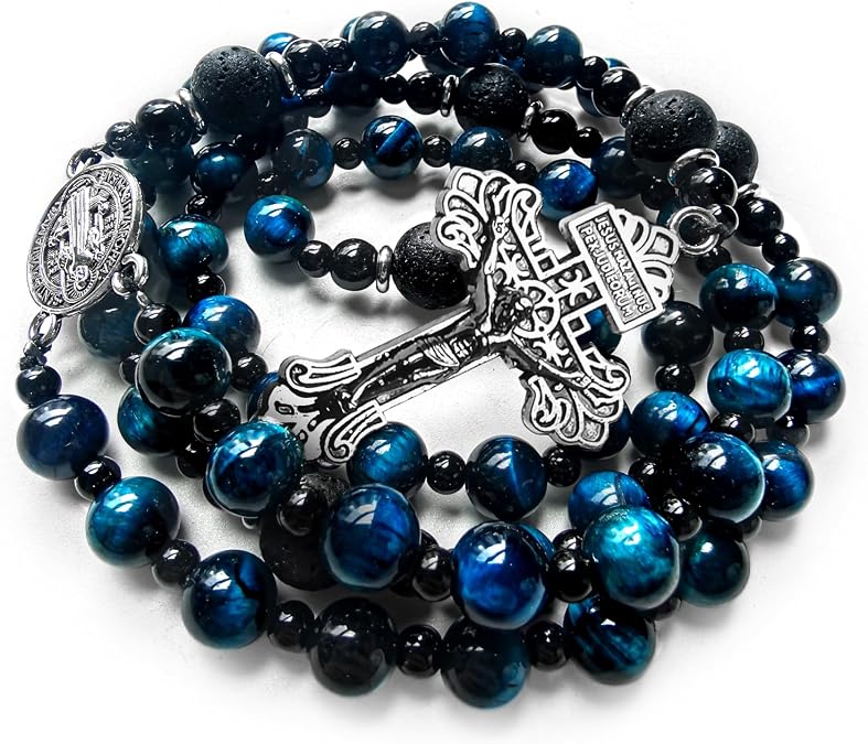 8mm Blue Tiger Eye rosary beads catholic for men