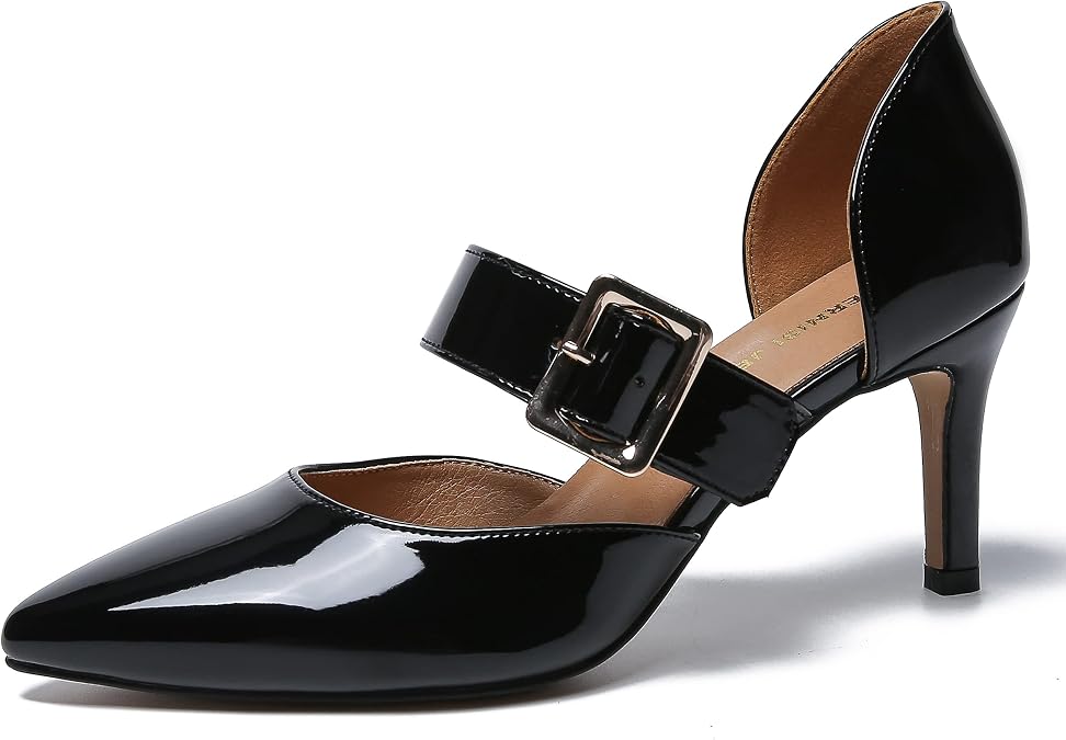 MAIERNISI JESSI Women's D'Orsay Pointed Toe Pumps, Stiletto Kitten Heel, Buckle Strap Dressy Shoes