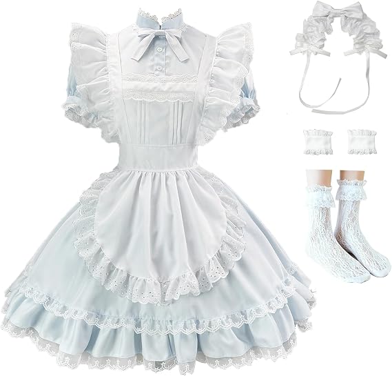 Japanese Anime Maid Outfit Cute Blue Pink Maid Costume Dress Halloween Cosplay With Headband
