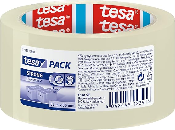 tesapack Packing Tape, Strong Packaging Tape for Medium to Heavy Parcels and Boxes, 66 m x 50 mm - Clear