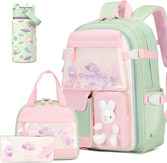 FIXITOK Girls Backpack with 14oz Insulated Water Bottle Set, Kawaii Bunny School Backpack for Girls with Kids Water Bottle Lunch Bag Pencil Case for Kindergarten Elementary Preschool School