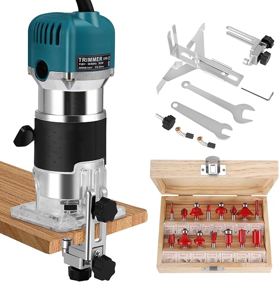 Palm 800W 30000Rpm Woodworking Hand Tool with Trimmer Base & 15Pcs Router Bits Set, 6 Variable Speeds Handheld Wood Trimmer with Straight Guide, 220V