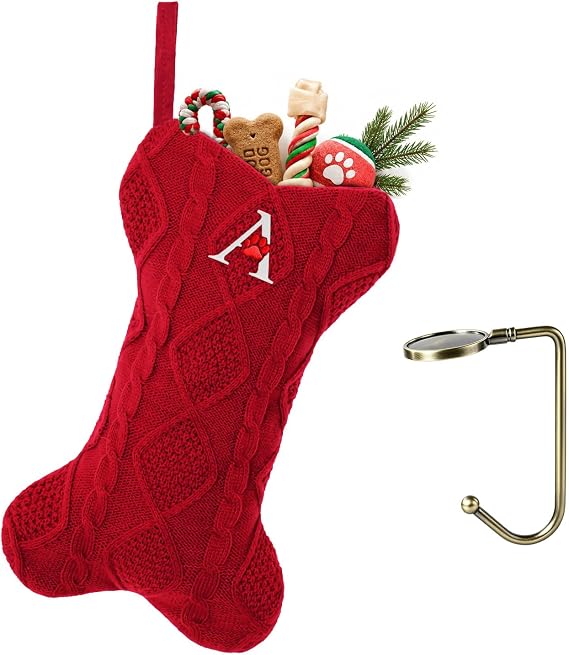 Dog Christmas Stocking with Initials, Bone Shape Monogrammed Pet Stocking