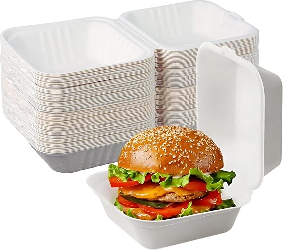 50pcs Takeaway Burger Boxes, 6inch 17oz / 480ml, Made from Natural Sugarcane Pulp, Eco-Friendly Clamshells, Disposable Food Containers, Compostable Biodegradable, Sugarcane bagasse