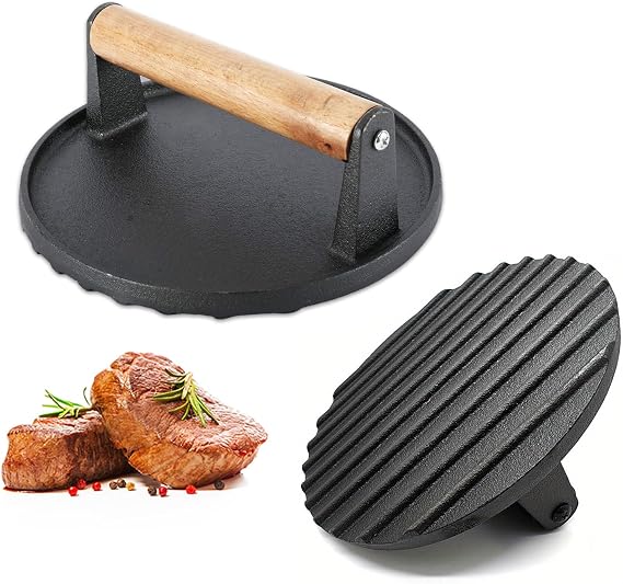 Cast Iron Press, 6.8'' Round Heavy-Duty Cast Iron Smash Burger Press, with Non-Slip Wooden Handle, Grill Weight for Griddle, Sandwich, Nonstick Pan