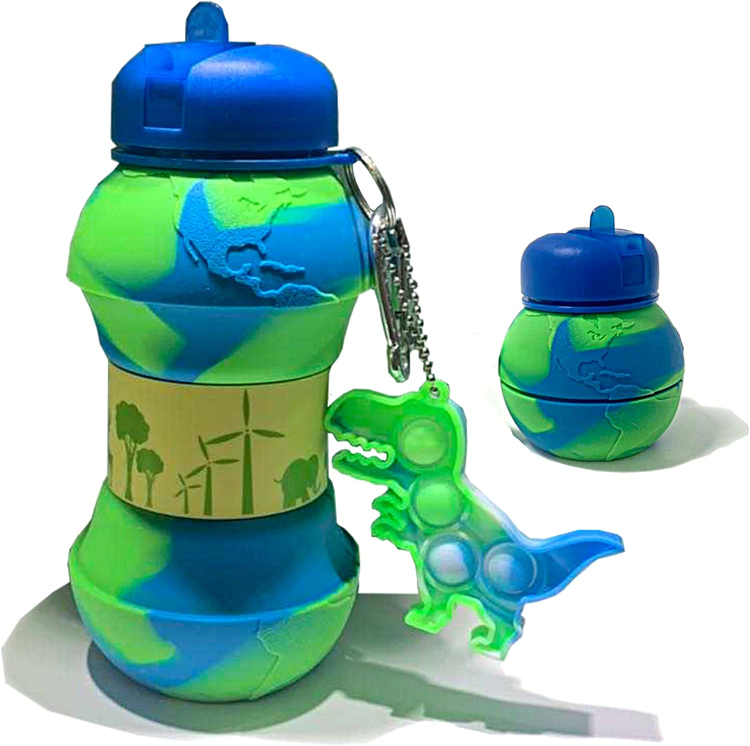 Kids Water Bottle with Keyring – 500 ml Girls and Boys Drinking Bottle For School - Leakproof Collapsible Reusable BPA Free for Children Drinks – Earth Globe