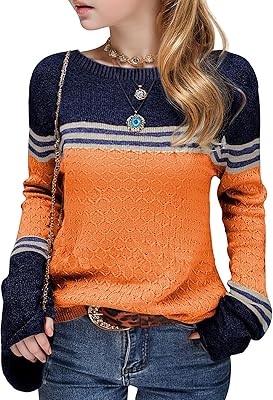 Girls Winter Sweaters Long Sleeve Round Neck Color Block Striped Casual Loose Lightweight Fall Spring Cozy Tops