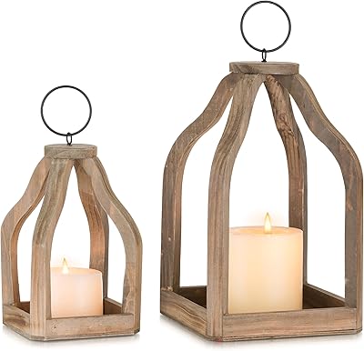 Wood Lanterns Decorative Indoor: Farmhouse Hanging Candle Holder Set of 2 Brown Table Centerpiece Fireplace Mantle Shelf 11 & 8 Rustic Home Decor Fall Ornaments