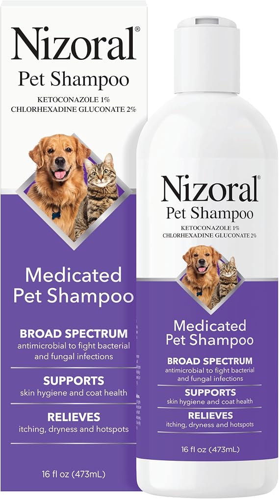 Nizoral Ketoconazole Pet Shampoo, 16 Oz, Chlorhexidine, Dogs & Cats | 1% Ketoconazole and 2% Chlorhexidine Gluconate treatment, antifungal, antimicrobial support for skin health and odor control
