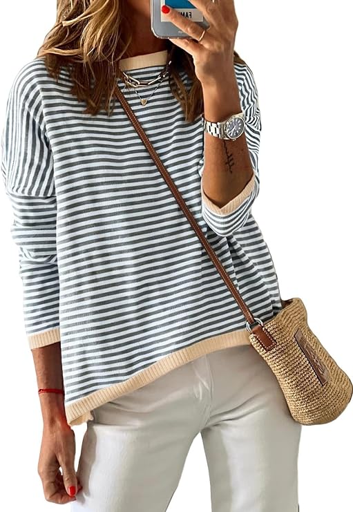 Dokotoo Women's Long Sleeve Sweaters Casual Crewneck Fashion Fall Striped Color Block Shirts High Low Pullover Sweater Tops