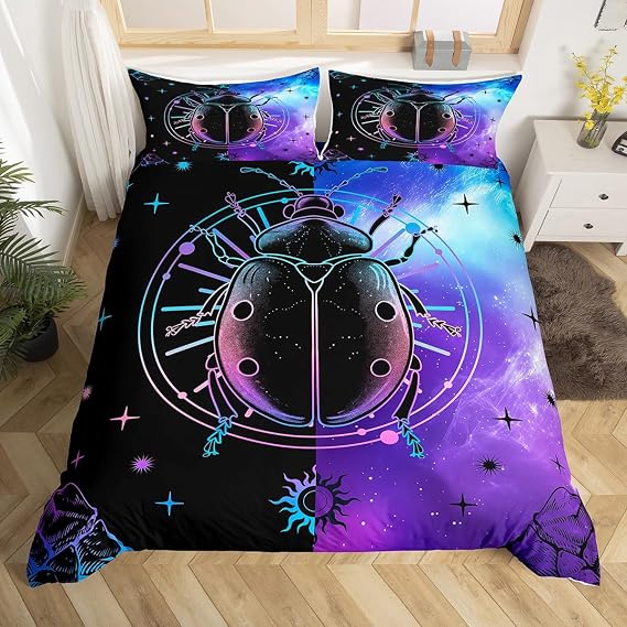 Homewish Black and Blue Ladybug Bedding Set Boho Sun and Moon Decor Comforter Cover King for Teen Girls Women, Bohemian Mandala Print Duvet Cover with 2 Pillowcases, No Comforter