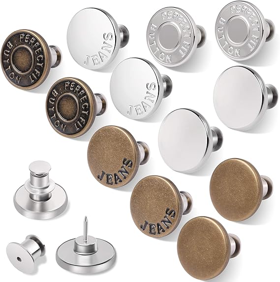 12 Sets Button Pins for Loose Jeans, No Sew Jean Buttons Replacement, Adjustable Metal Snap Tack for Reusable Pants Waist Tightener