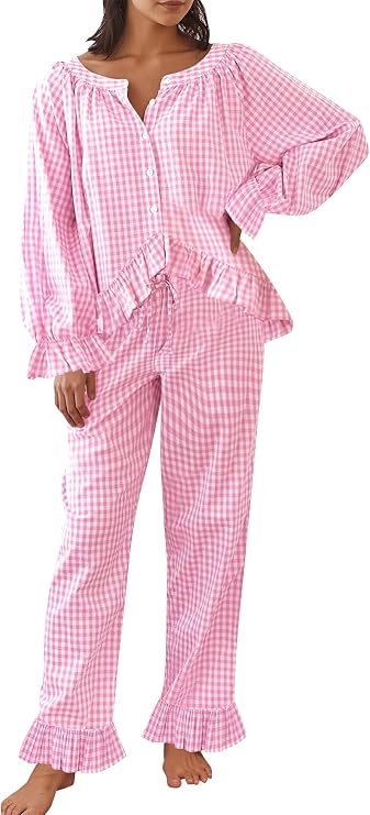 Womens Gingham Pajama Set 2 Piece Plaid Button Down Long Sleeve Shirt and Pants Pjs Lounge Set Outfits(Pink-L)
