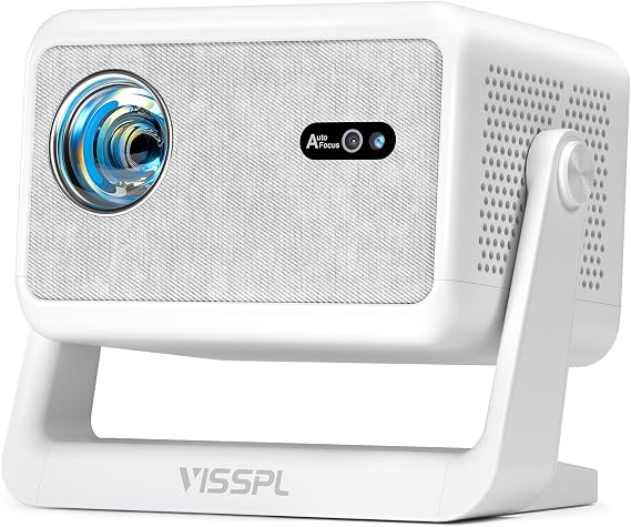 Compatible with Netflix & Auto focus VISSPL Smart Projector with WiFi and Bluetooth, Auto Focus & Keystone Protable Mini Projector with Stand, 4K Home Theater Projector