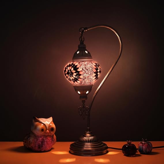 Turkish Lamp, Moroccan Table Lamp, Mosaic Desk Lamp, Decorative Lighting, Turkish Lantern, 5 inch Globe Lighting, Total Dimensions 9 inch x 18.5 inch (SoftPink)