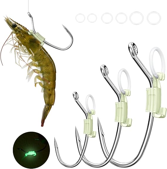 KANAMA Luminous Live Shrimp Hooks - High Carbon Steel Fishing Hooks Saltwater Corrosion Resistant Barbed Strong Hooks Freshwater Shrimp Walker, Ideal for Bass, Groupers, Pike, Catfish & More