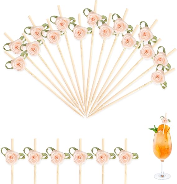 Pink Rose Flower Cocktail Picks 200PCS 4.7 Inch Valentines Flower Toothpicks for Appetizers Fruits Cupcake Toppers Bamboo Valentines Drink Picks for Wedding Engagement Valentine's Day Decorations