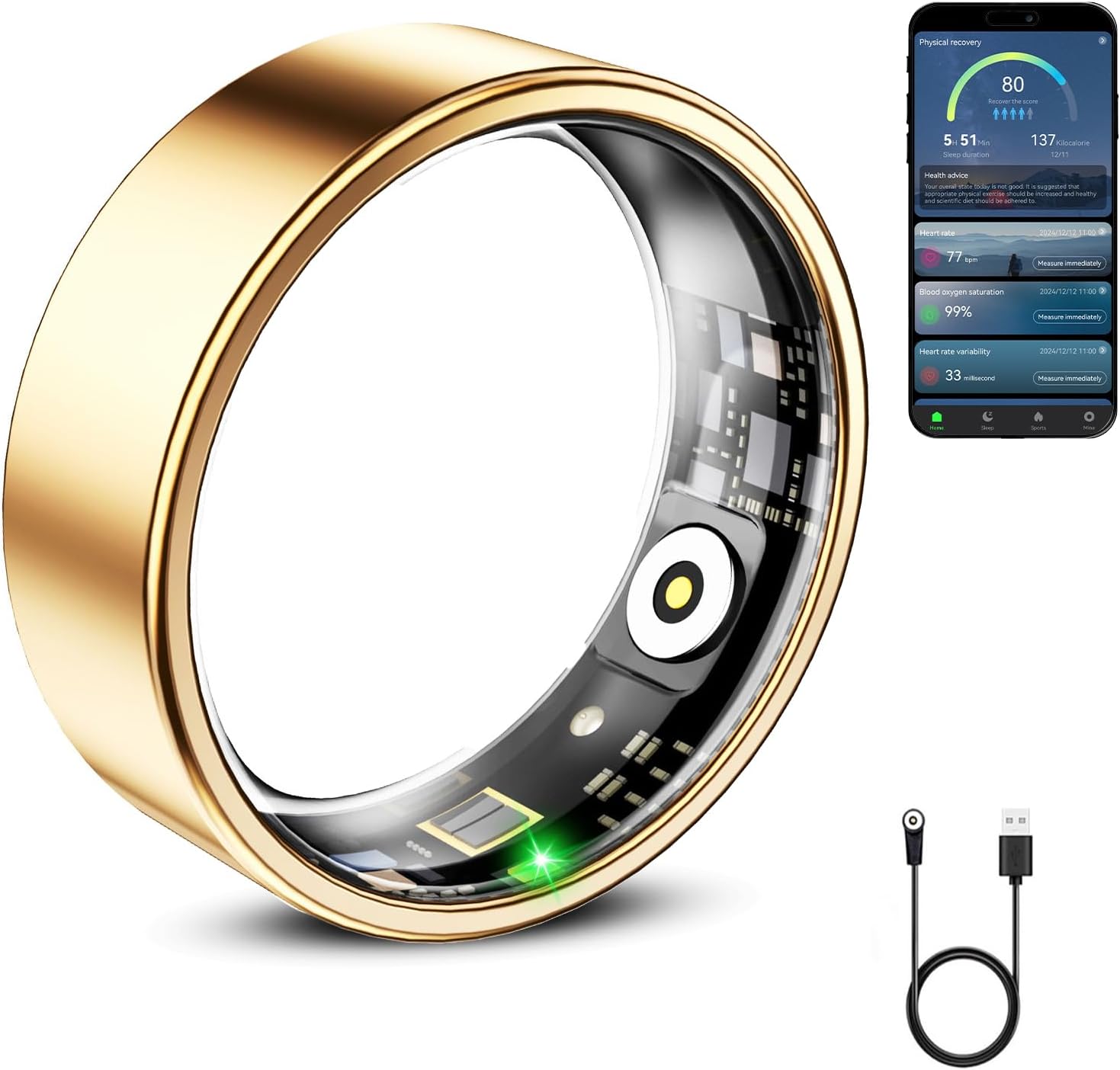Smart Ring for Women & Men, Smart Ring Health Tracker, Blood Oxygen & Heart Rate Monitor Sleep Ring, Waterproof Fitness Ring, Long Lasting Battery Smart Rings Gold, 8