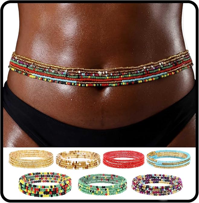 ELABEST African Waist Beads Chain Layered Belly Body Chain Beach 7Pack Waist Jewelry Body Accessories for Women