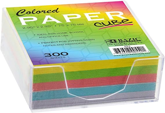 BAZIC Products Color Paper Cube with Tray, 300 Sheets, 2.95 in | 300-sheet color paper cube, 2.95 x 2.95 in (75 x 75 mm), clear holder tray for quick notes and reminders