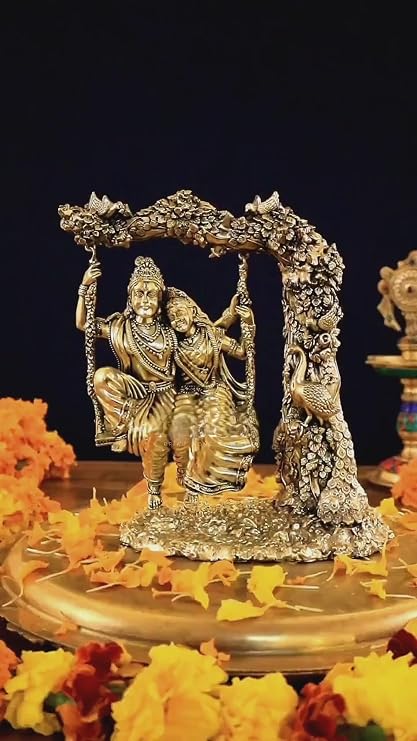 Premium Brass Radha Krishna Swing Statue, 15 CM Radha Krishna jhula Idols for Home Temple, Goddess Radha Lord Krishna Hindu Divine Couple, RadheKrishna Figurine |