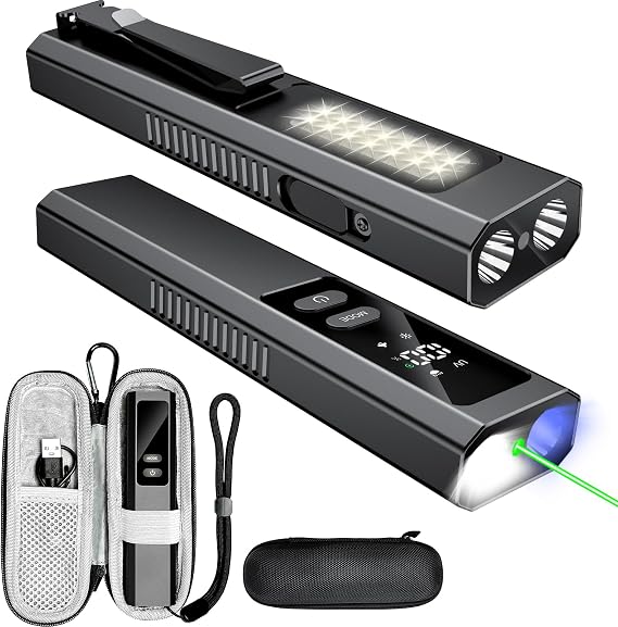 Rechargeable 5-in-1 Pocket Flat Flashlight for Work Aluminium Alloy | White light, COB flood light, UV inspection light, green beam, magnetic base, battery display and carry case