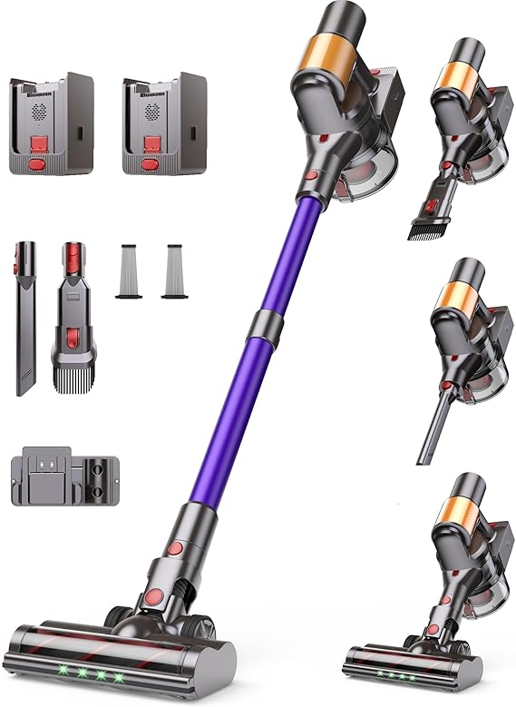 Cordless Vacuum Cleaner, 2 Batteries 120 Mins Runtime, 600W 50KPA Stick Vacuum with Self-Standing, Tangle-Free Brush, LED Display, Vacuum Cleaner for Home Hardwood Floor, Carpet, Pet Hair