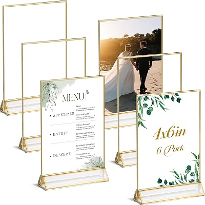 UNIQOOO Acrylic Sign Holders with Golden Border, Portrait View, Pack of 6 | 4x6 Inches Double Sided Clear Frame, Perfect for Wedding reception, Centerpiece, Decoration, Party,Anniversary, Event