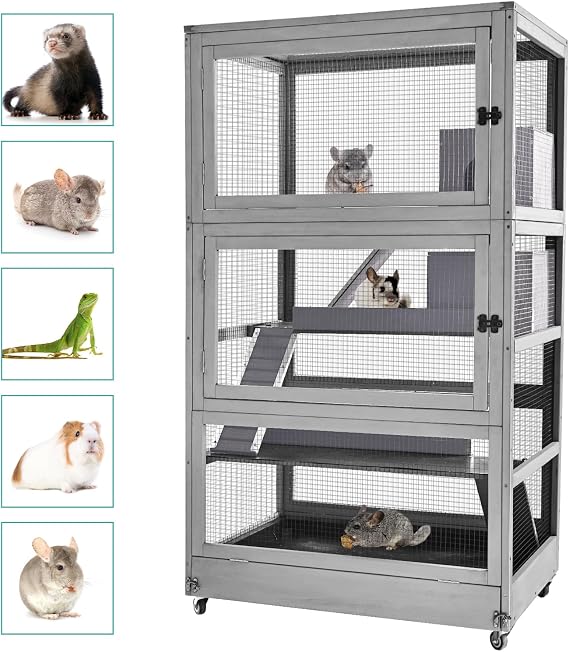 Large Guinea Pig Cage,4 Levels Wooden Ferret Cage with Wheels,Chinchilla Cage Upgrade Metal Frame Rat Cage for Indoor Outdoor