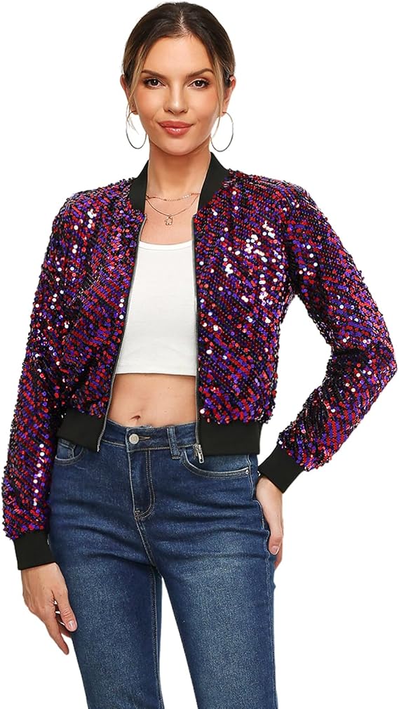 Women's Sequin Jacket Sparkly Cropped Bomber Long Sleeve Zipper Up Casual Party Blazer With Pockets