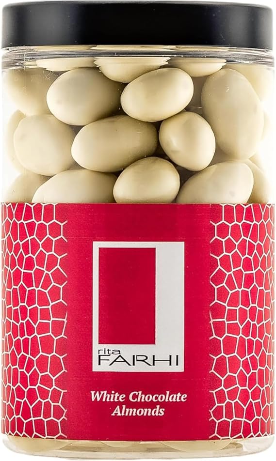 Rita Farhi White Chocolate Almonds Luxury Gift Jar 315g – Air Roasted Almonds Coated in White Chocolate, Vegetarian Gift for Birthdays & Celebrations