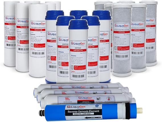 LiquaGen - 5 Stage Reverse Osmosis Replacement Filter Kit w/ 75 GPD Membrane (3 year supply)