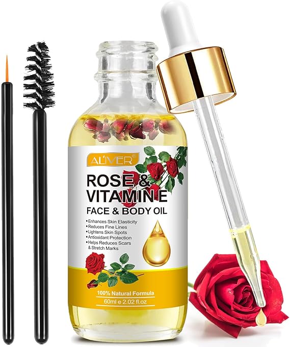 Rose and Vitamin E Oil for Face With Rose Petal Flower - Natural Anti-aging, Scars and Stretch Mark Treatment, Gua Sha Face and Body Massage for Dry Skin, Scalp and Nail - 60ml