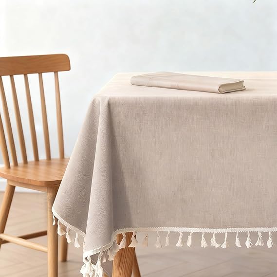 Cotton Linen Rectangular Tablecloth with Tassels, Dust-Proof and Shrink-Proof Table Cover for Kitchen and Dining Decoration (Beige, 140x180 cm)