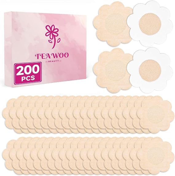 TEAWOO 200P Disposable Nipple Covers, Petal Breathable Non-Woven Pasties for Women, Hypoallergenic, No Show, Self-Adhesive Beige